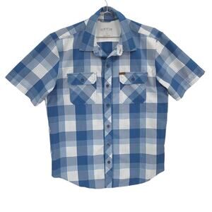 Orvis Shirt Mens Medium Blue Check Outdoor Hiking Performance Tech Short Sleeve
